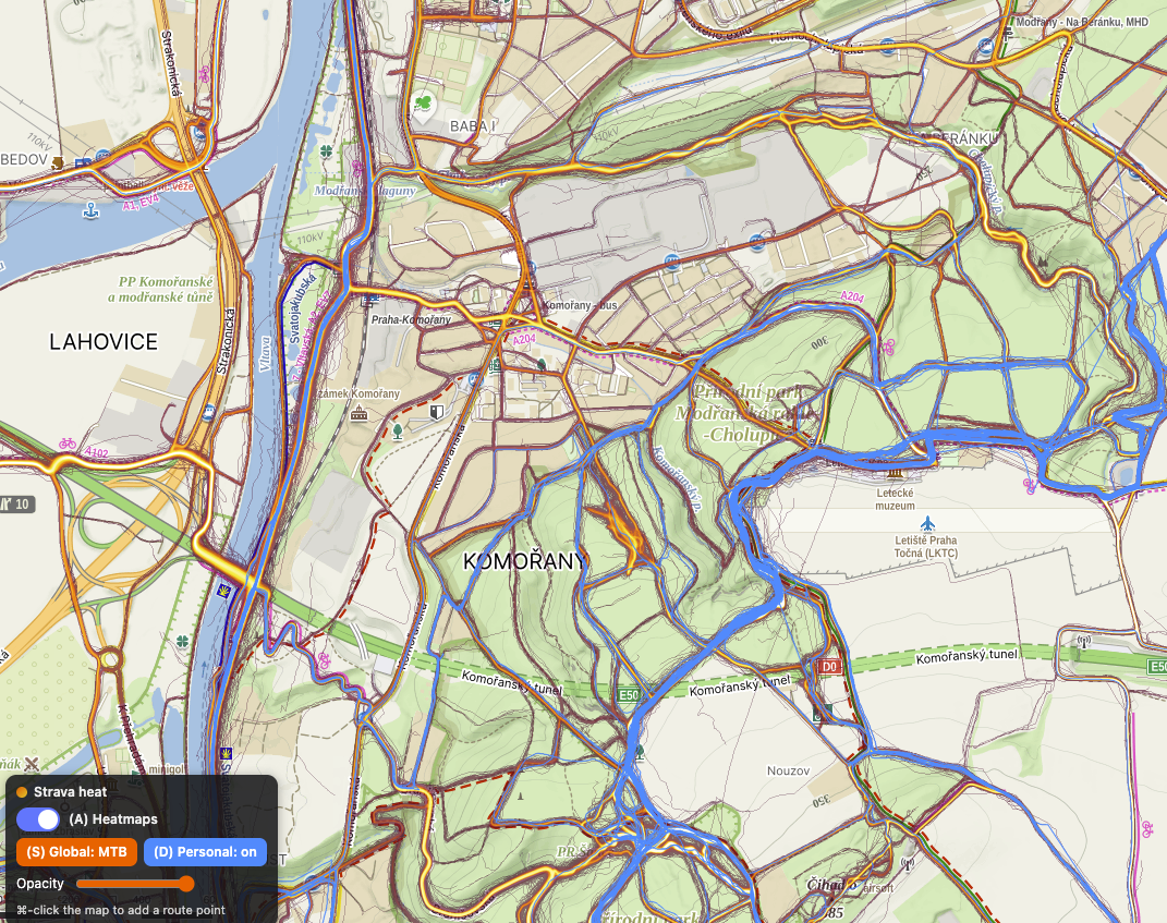 Strava heatmap overlaid on Mapy.com