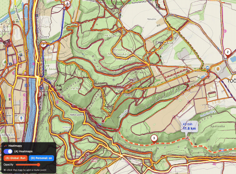 Strava global MTB heatmap with your personal heatmap overlaid on Mapy.com